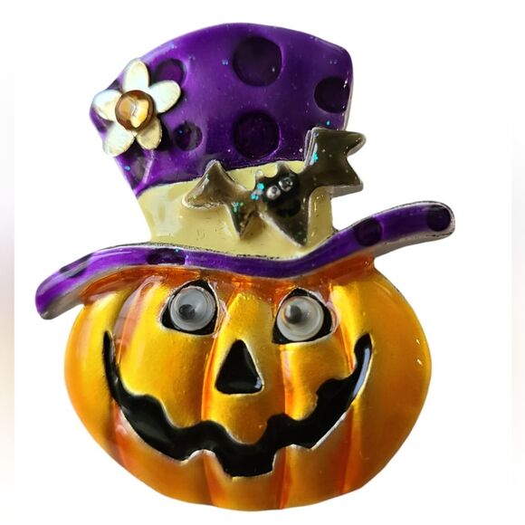 Spooky Chic: Vintage Signed AJMG Vibrant Detailed Halloween Pumpkin Brooch - Picture 1 of 3